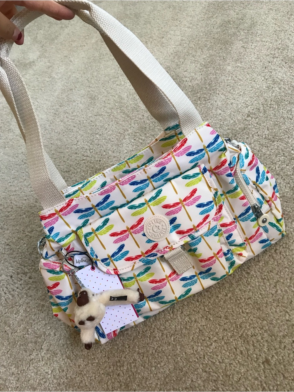 Kipling White Shoulder Bag with Multicolor Dragonfly Print NWT crossbody bag